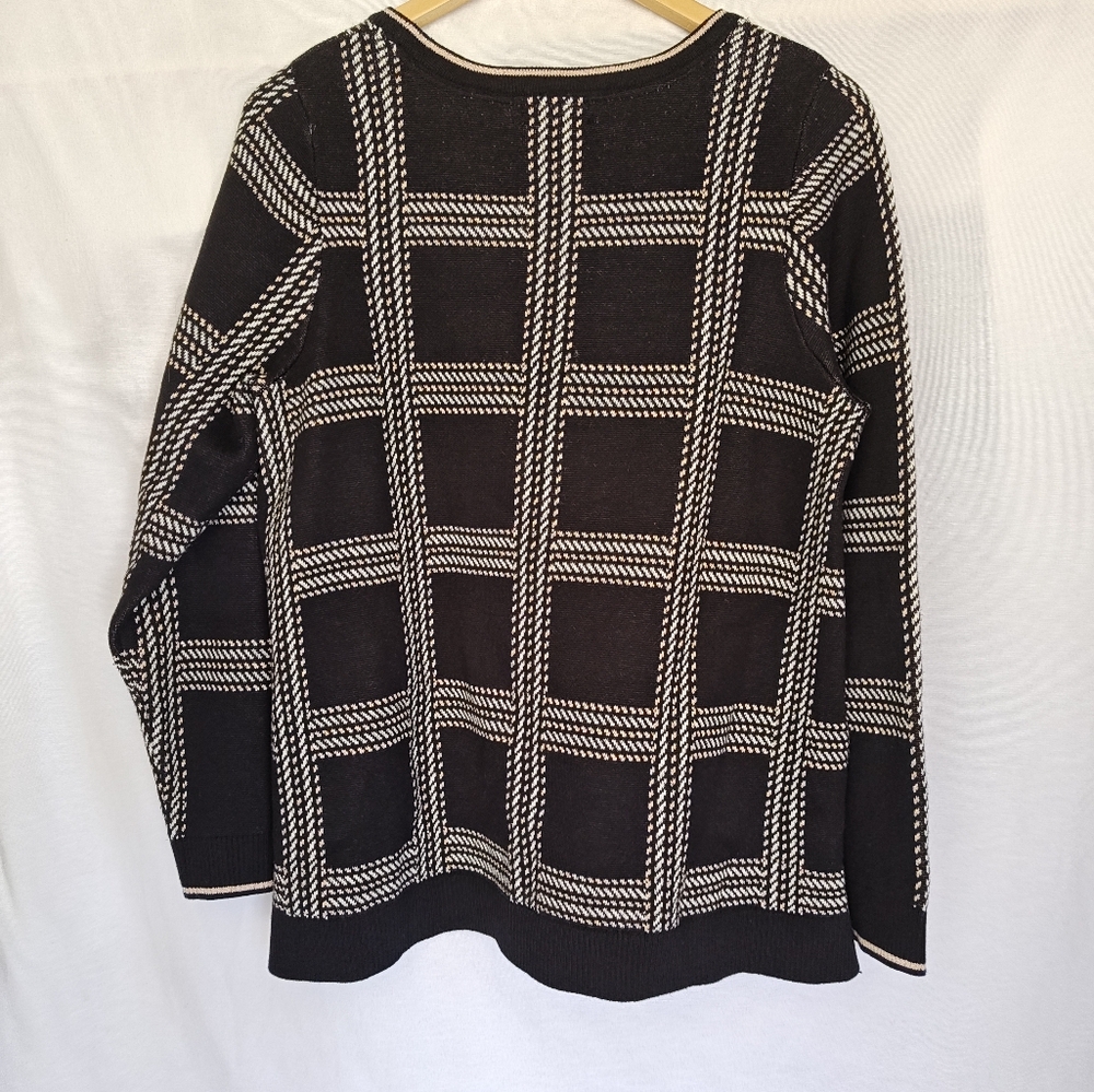 Charter Club Sweater Plaid Metallic Windowpane Black‎ White Beige 1X Crew Neck - Picture 3 of 9